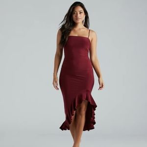(NEW IN BAG +TAGS) Windsor -Burgundy Timeless Crush Sleeveless Ruffle Midi Dress